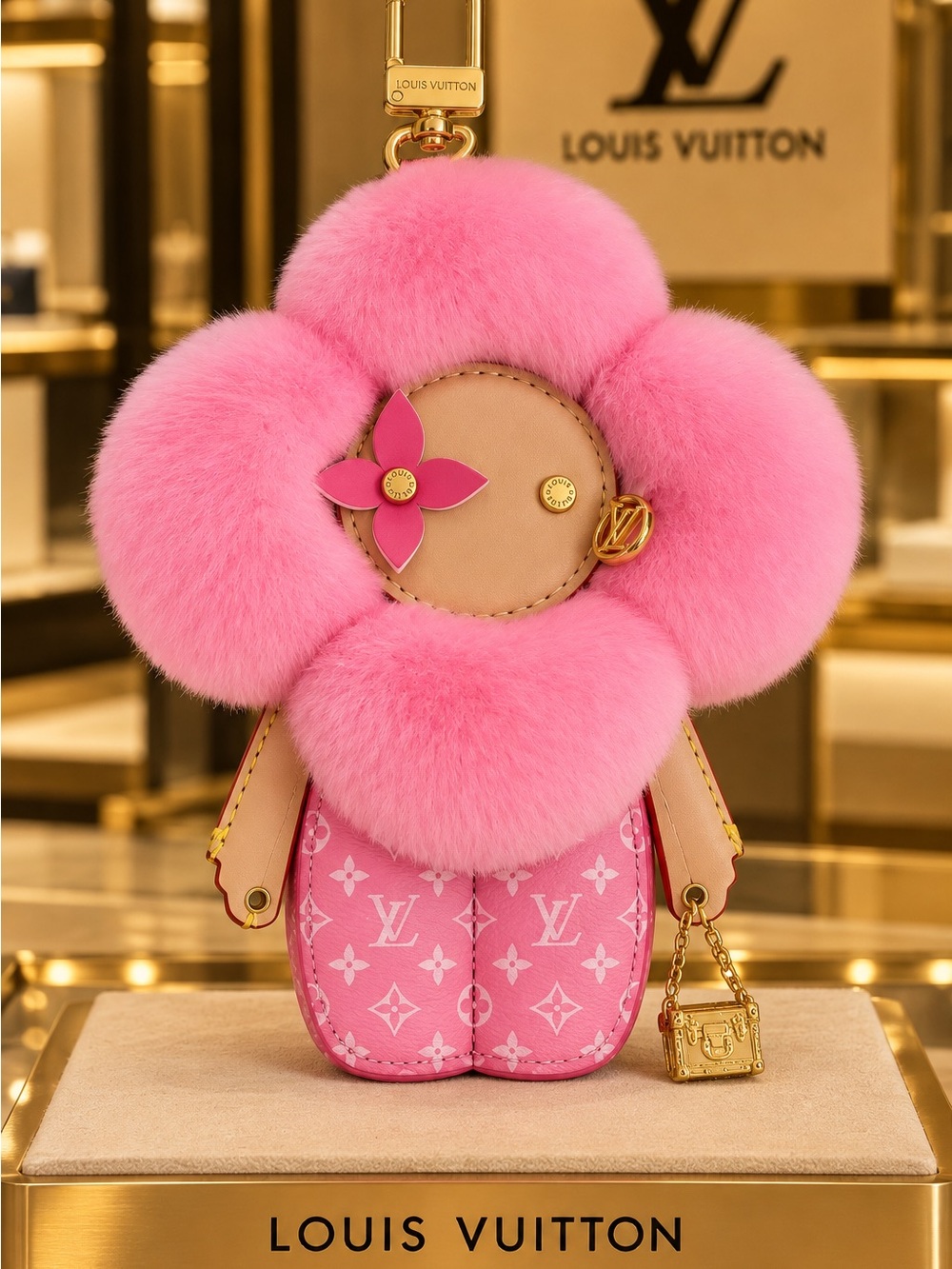 Pink Flower Pom-Pom Bag Charm Keychain